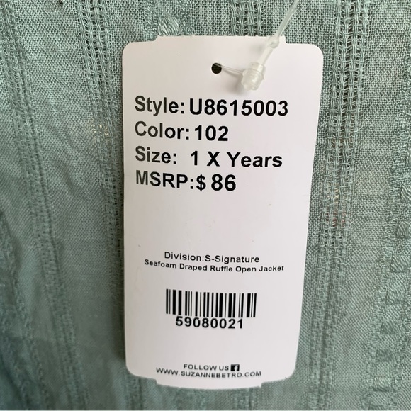 🆕 Suzanne Betro Seafoam Draped Ruffle Open Jacket - Women’s Size 1X Tunic Flaw - Picture 2 of 6